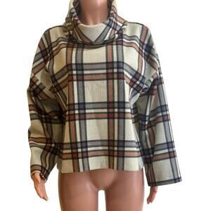 Kal Reiman Bias T Neck Pullover Sweater Womens M Plaid Gray Brown Funnel Neck
